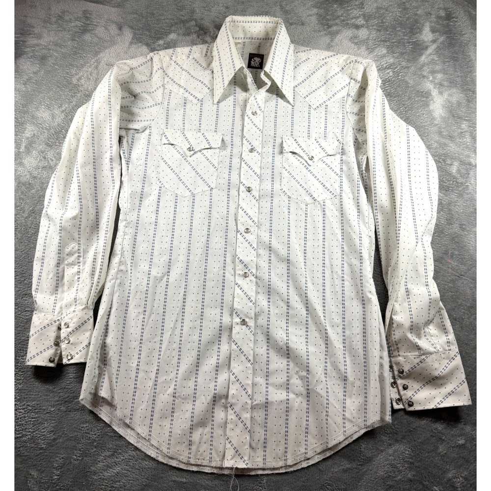 Vtg Karman Western Shirt Mens L White Blue Stripe Pearl Snap Cowboy Rodeo